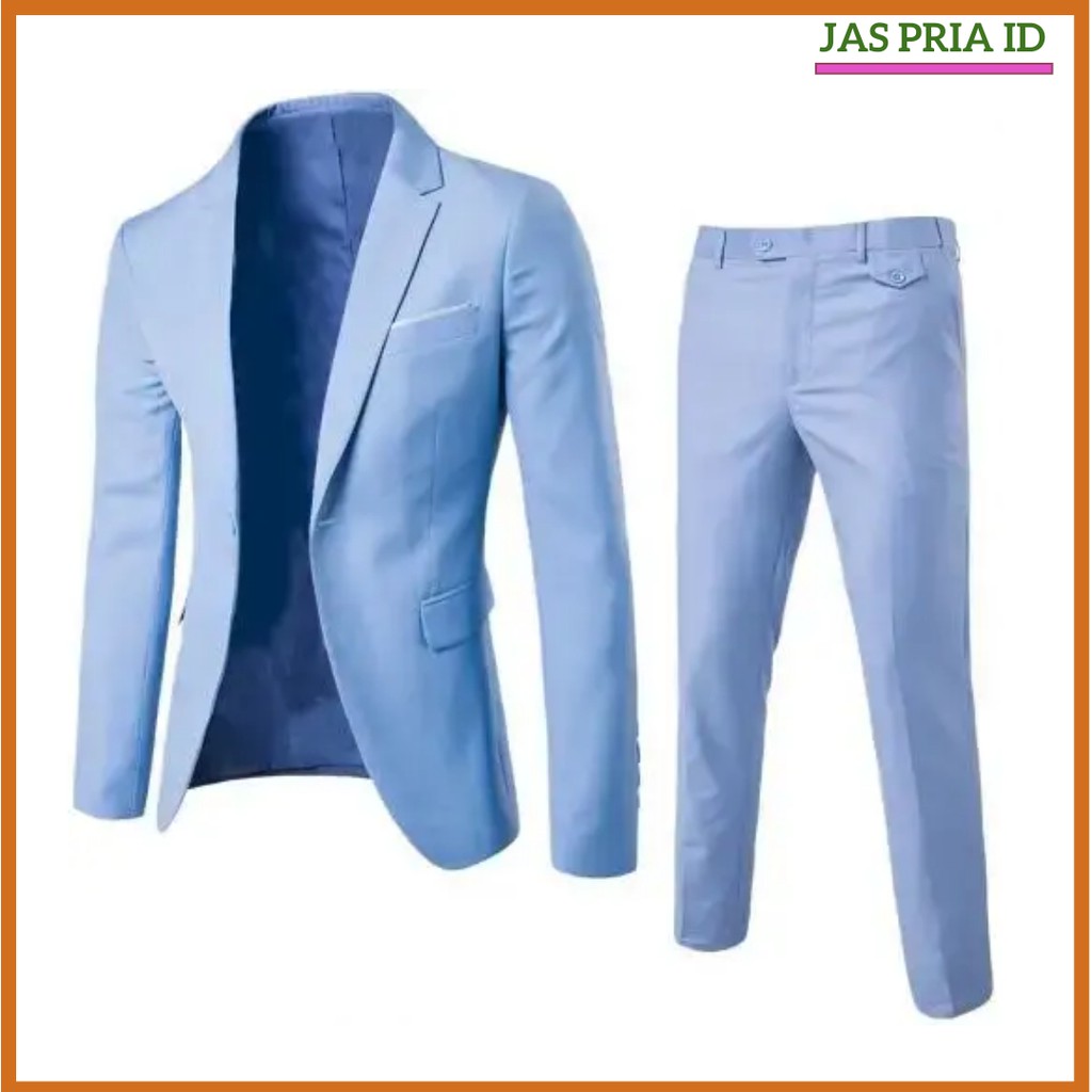 SETELAN JAS 2IN1 JAS PERNGANTIN JAS KERJA / SETELAN JAS BIRU MUDA