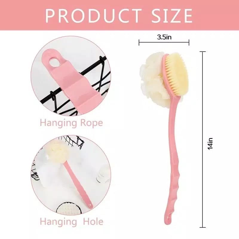 Tongkat Sikat Badan Punggung Mandi Spons Puff 2 in 1 Body Bath Brush