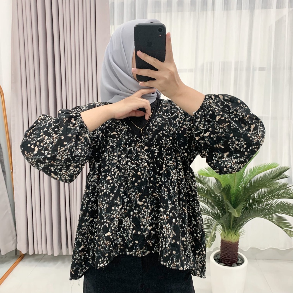 BLOUSE KOREAN STYLE ATASAN WANITA NEW MOTIF BUNGA LENGAN BALON V NECK SESA - BAHAN WOLFIS