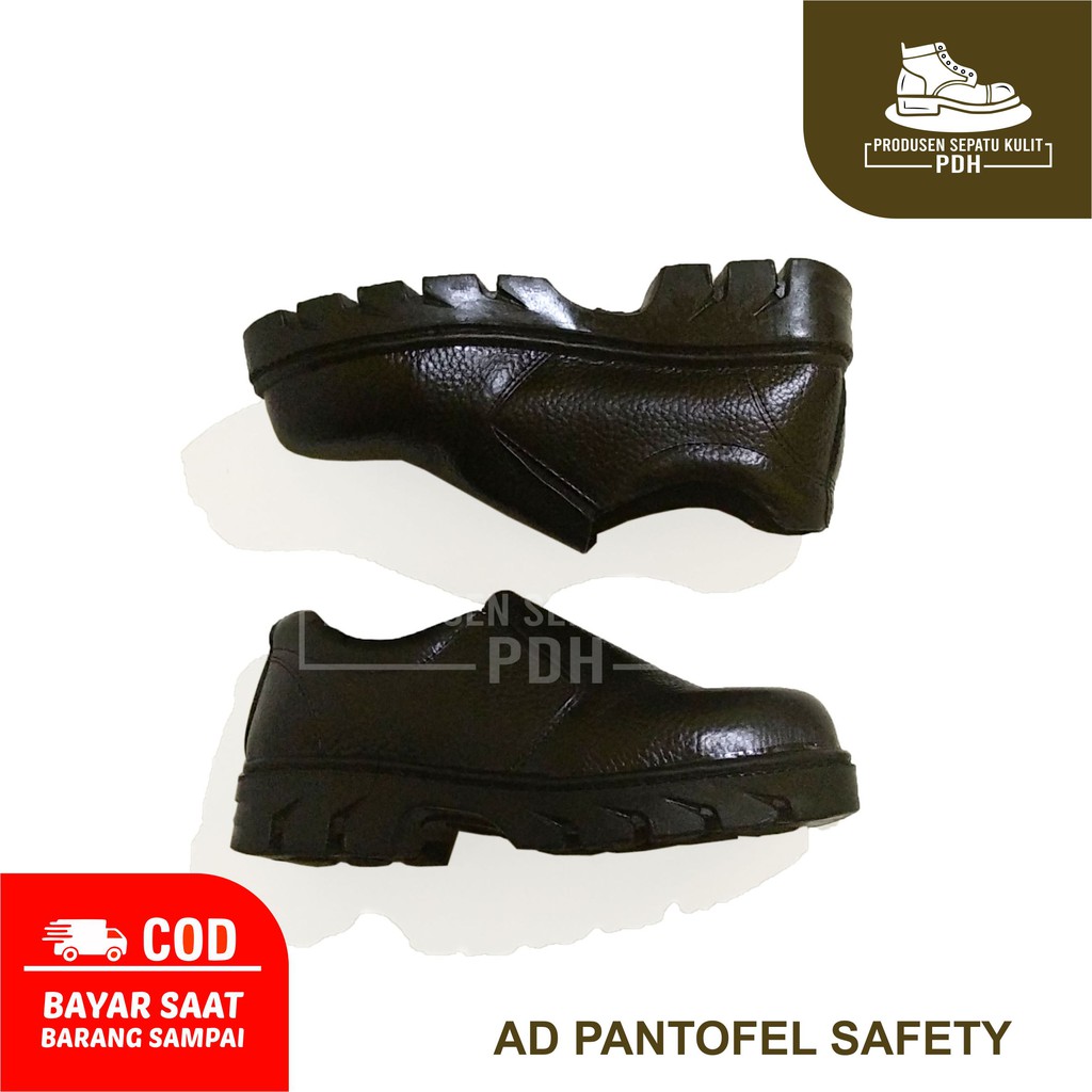 NOTIS - SEPATU SAFETY SLIP ON TALI KULIT SEPATU SAFETY SEFTY SEPTI SELOP SLOP UJUNG BESI PROYEK KITCHEN ANTI SLIP