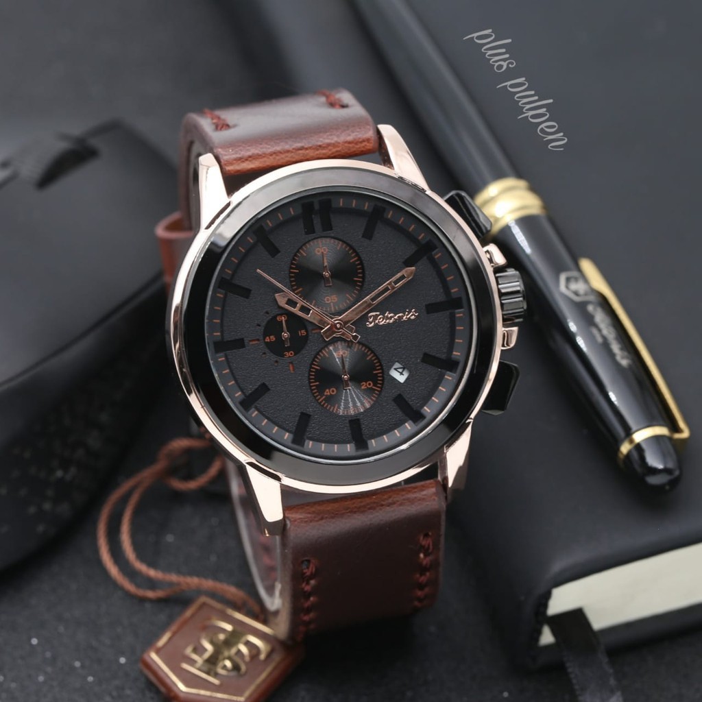 Jam Tangan Pria Tetonis Original 12853LS Tali Kulit Free Pulpen Chrono Tanggal Aktif