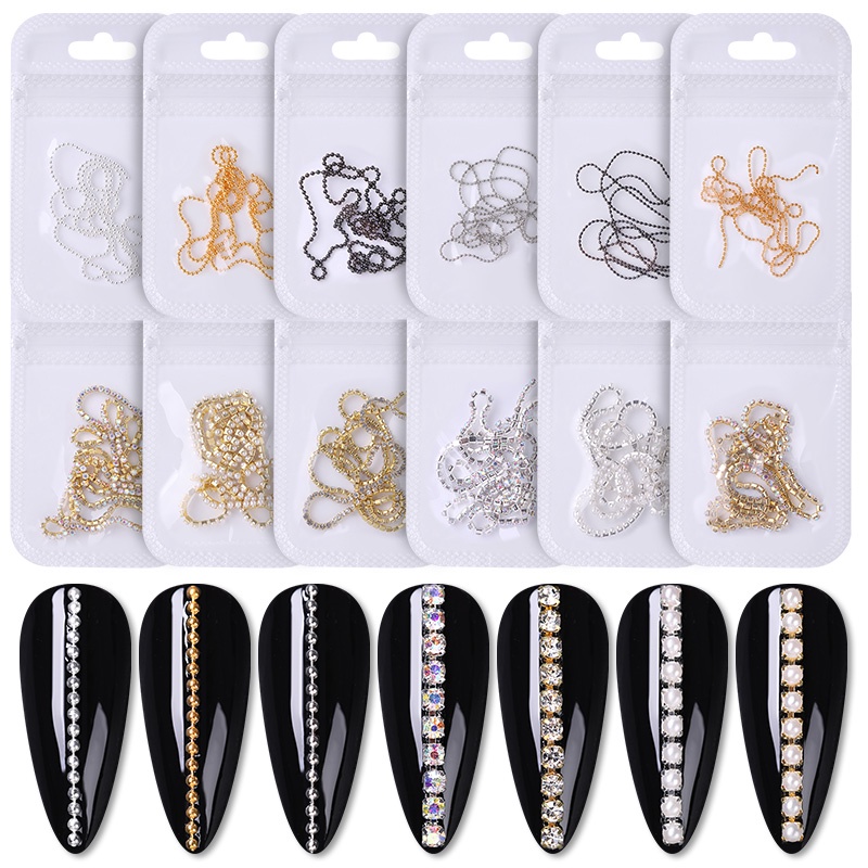 Rantai Manik-Manik Mutiara Berlian Imitasi 3D Bahan Metal Steel Warna Emas Silver Untuk Dekorasi Nail Art
