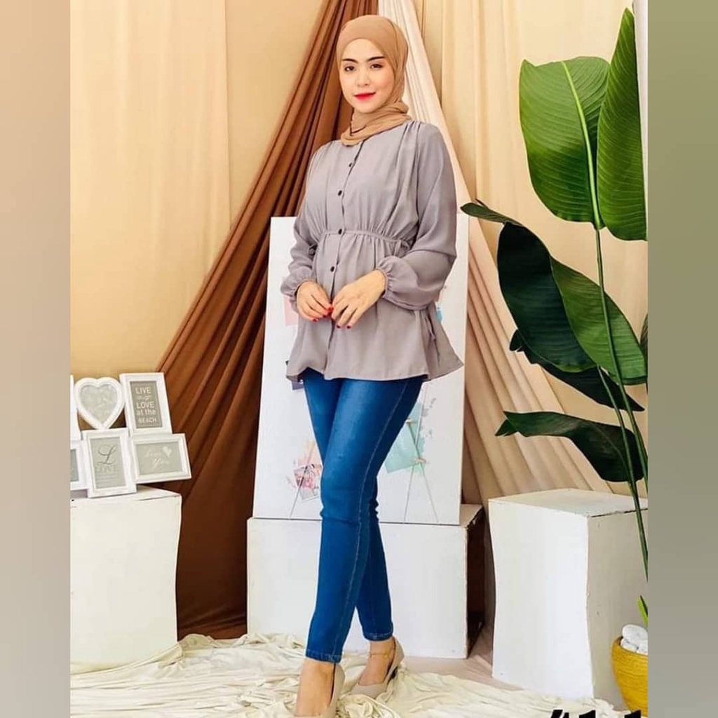 Poppy Blouse Shirt Polos Wanita Size Jumbo Kerut Pinggang Kemeja Basic Manggo crepe  Lengan Balon