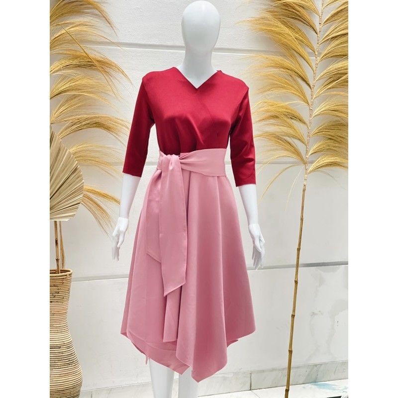 dress scuba kombinasi 2warna 2 warna tone baju kerja pesta wanita rok bawah lutut asimetris cantik korea korean girl style langsing termasuk belt senada terusan 2 warna kontras cutting pinggir tdk dijahit bahan jatuh di badan super manis