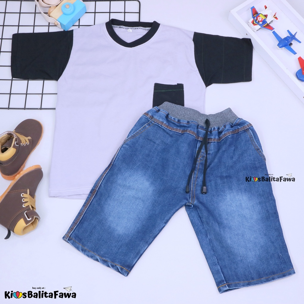 Setelan John Ethes uk 5-6 Tahun / Baju Anak Laki-Laki Lengan Pendek Celana Jeans Set Oblong Kantong