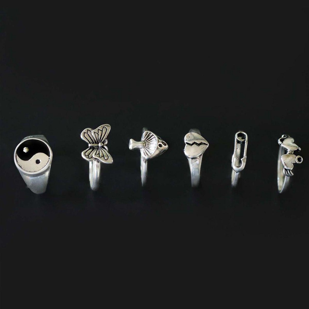 Preva 6Pcs/Set Cincin Retro Set Perhiasan Pesta Hip Hop Pola Hati