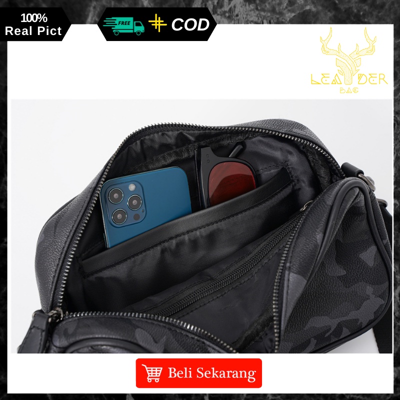 Tas Selempang Kulit Pria Original Waterproof Warna Hitam Loreng Atau Tas Kulit Slingbag Jalan Cowok Terbaru Ori Keren Import Motif Simpel Berkualitas ORIGIN B53