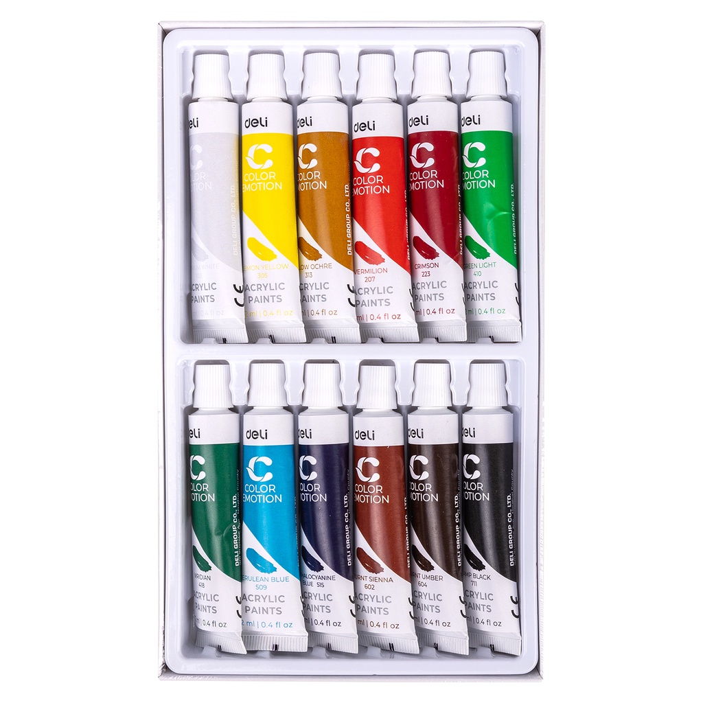 HAPPY TIME DELI ACRYLIC PAINT CAT AKRILIK 12 WARNA 12ml KEMASAN KOTAK ALAT MELUKIS MEWARNAI MENGGAMBAR ALAT TULIS SEKOLAH EC12-12