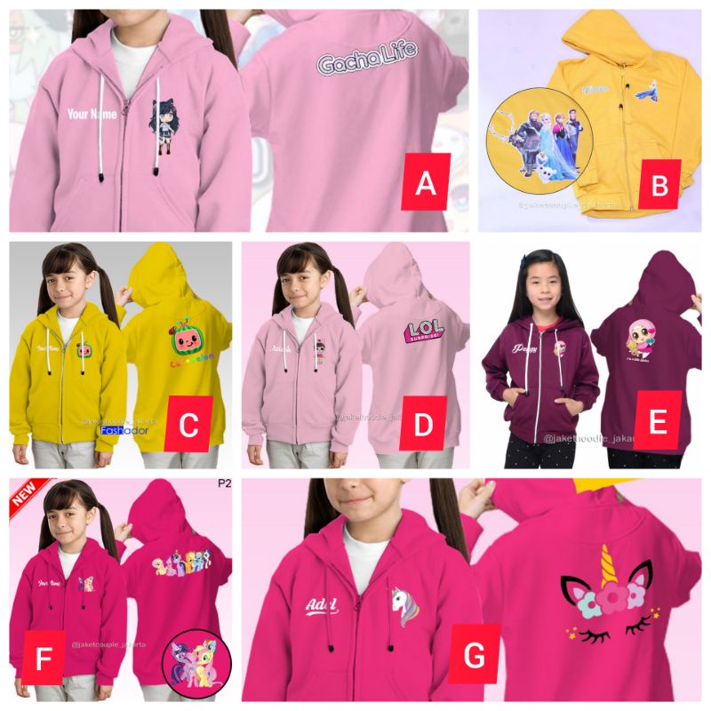 GRATIS NAMA CUSTOM Jaket Anak Karakter Unicorn/Kuda Poni,Gacha Life, Princess Elsa Frozen,Cocomelon,