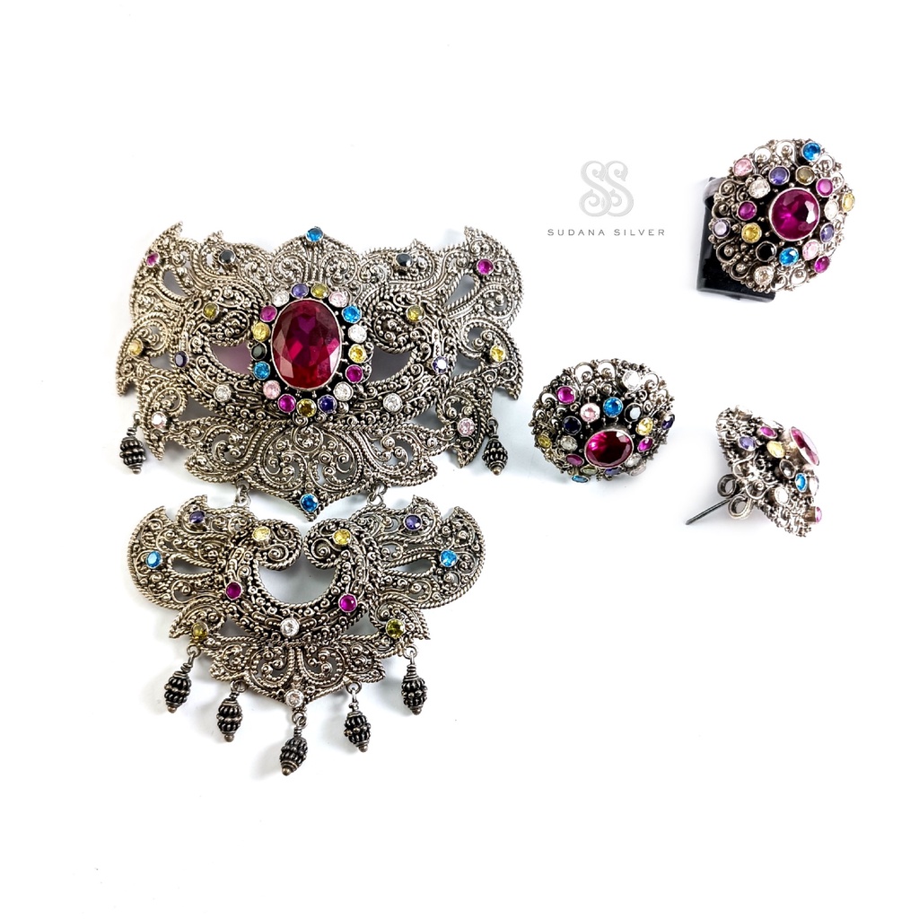 Set Perhiasan Bros Perak Garnet Mix Zircon Silver 925 Handmade Bali