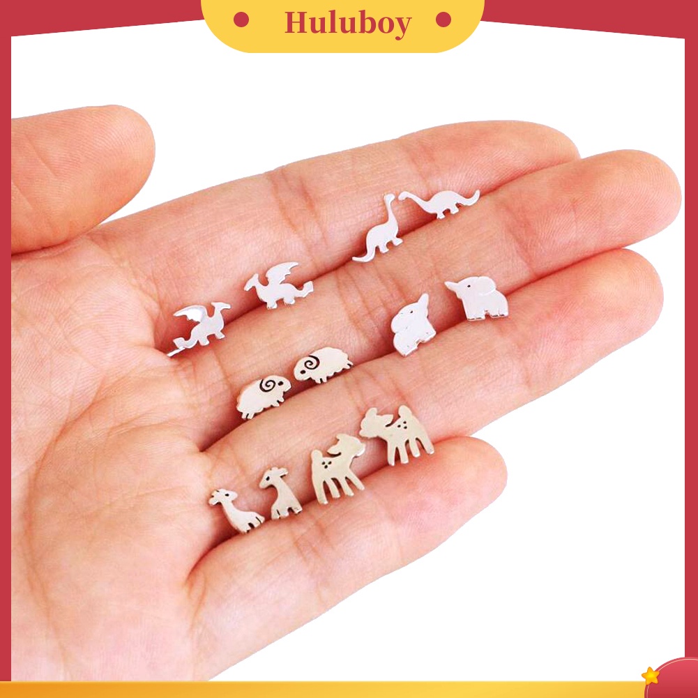 Hu Hu Hu Hu Hu Alat Bantu Pasang Kacamata♡ 6 Pasang / Set Anting Tusuk Bentuk Domba / Rusa / Dinosaurus / Gajah Untuk Wanita