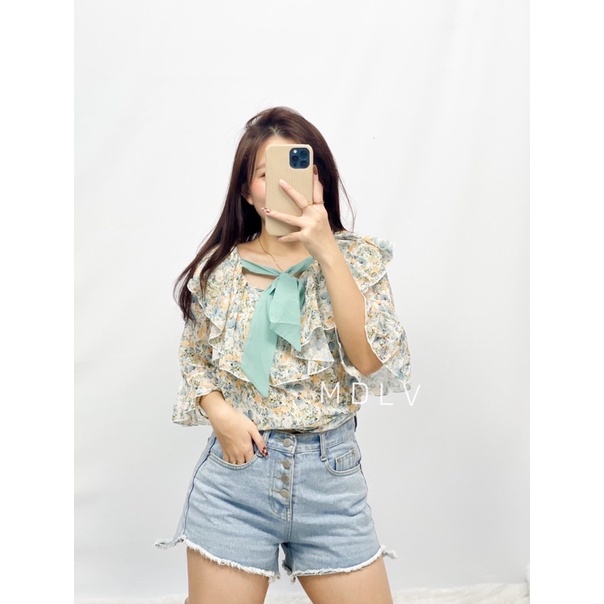 MDLV ~ 1789# Cadillac Tie Neck Top Blouse Flower Premium Fashion Import