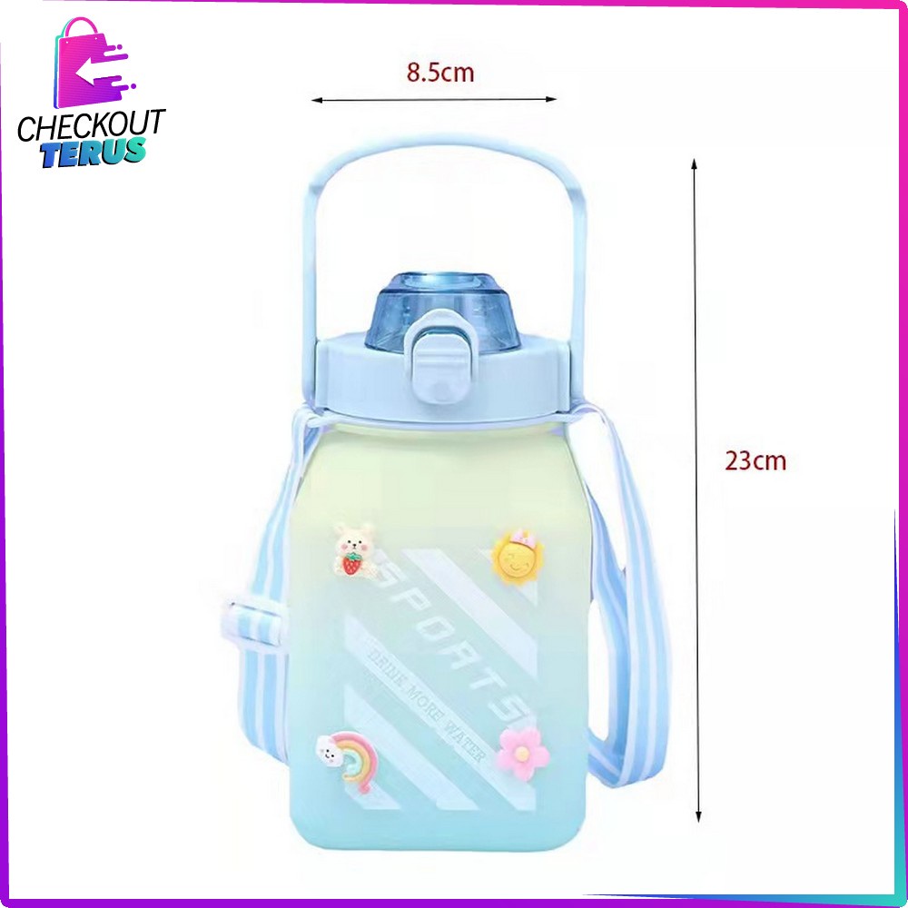 CT C468 Botol Minum Anak Gemoy Warna Gradasi Kotak 1500ML Bottle Tumblr Sedotan dan Tali Panjang BPA FREE