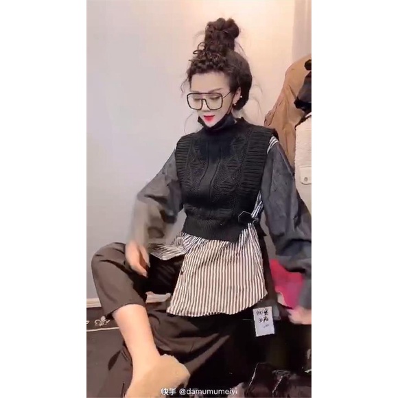 TERMURAHH ATASAN RAJUT OVERSIZE WANITA TUNIK KOREA BAJU IMPORT STRIPE KOMBINASI FS BANGKOK