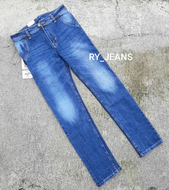 Celana jeans pria biru wisker celana panjang pria street melar