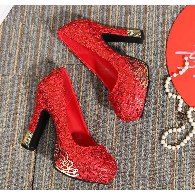 Strappy High Heel Strap Wedding Shoes Big Red Lace Super High