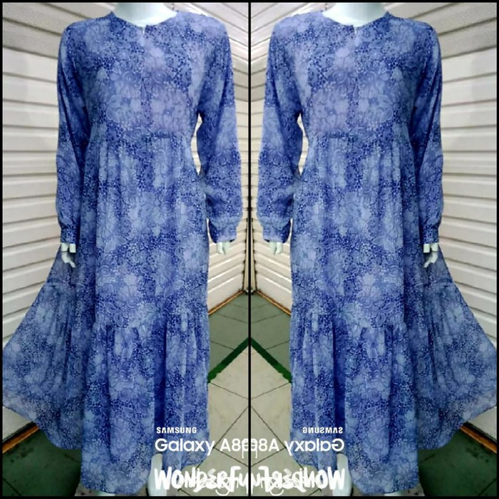 Gamis Baju Muslim Wanita Model Terbaru 2020 Edisi Lebaran Biru Motif