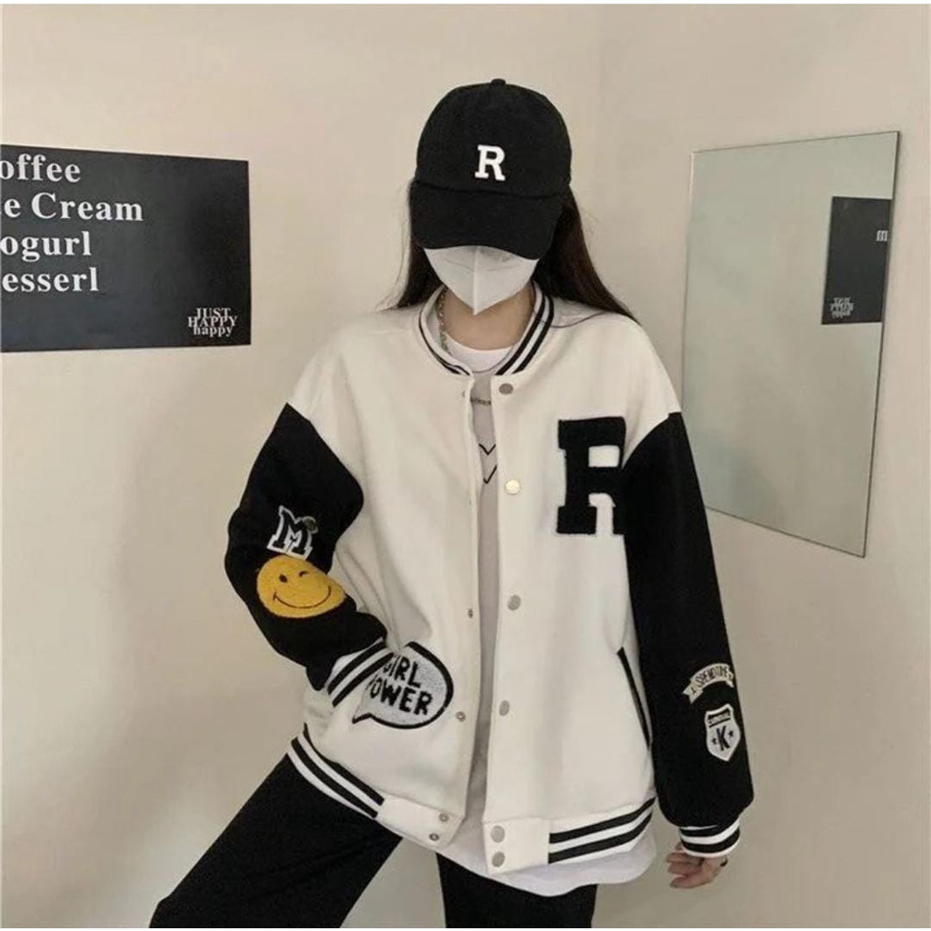 R SMILE VARSITY FULL BORDIR OVERSIZE  BASEBALL JACKET | BISBOL JAKET GIRL POWER BORDIR-PUTIH SABLON