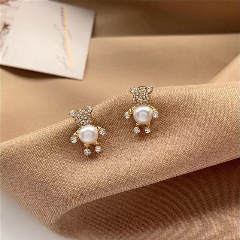 Sterling silver jarum Korea Selatan Dongdaemun berlian imitasi Beruang mutiara stud anting-anting se