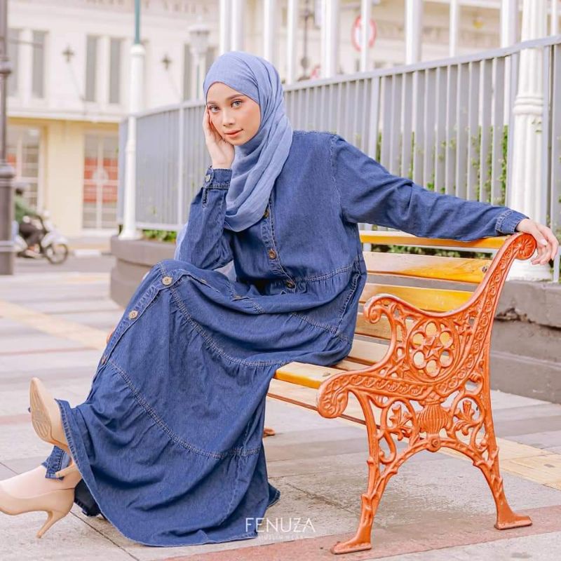 Gamis VELOVE DRESS FENUZA / Dress Muslim Outer Syari Busui Daily Denim Bahan Jeans