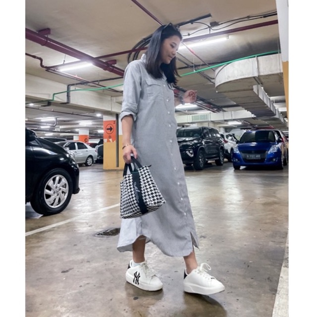 Vanesha Margaretta - 1288# Dress Midi Kemeja Salur/ ada kantong bobok / dress daily kantor
