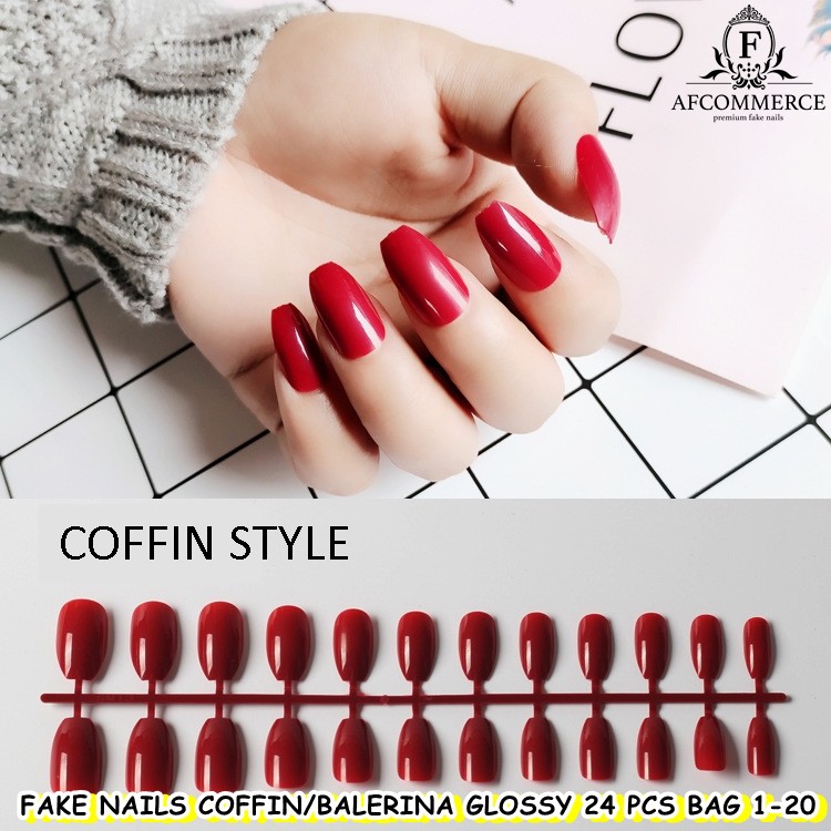 KUKU PALSU FAKE NAILS COFFIN BALERINA GLOSSY STYLE 24PCS BAG 1