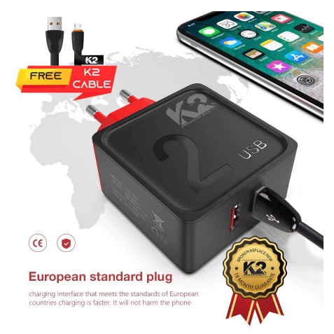 Charger K2 PREMIUM QUALITY K2-CH03 2 Ports Usb FAST 2.4A