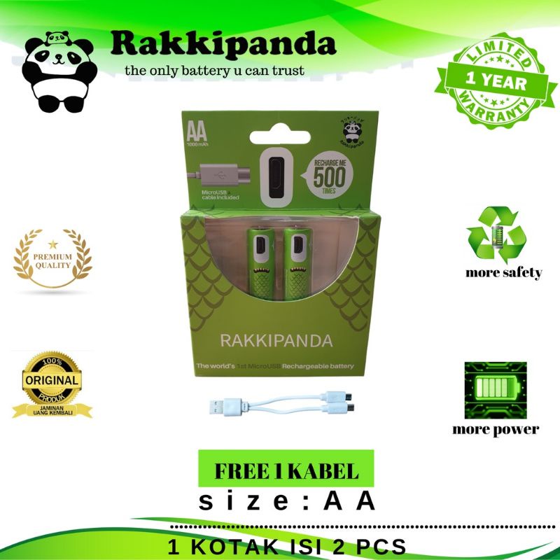 rakkipanda baterai AA cas ulang isi 2pcs micro usb