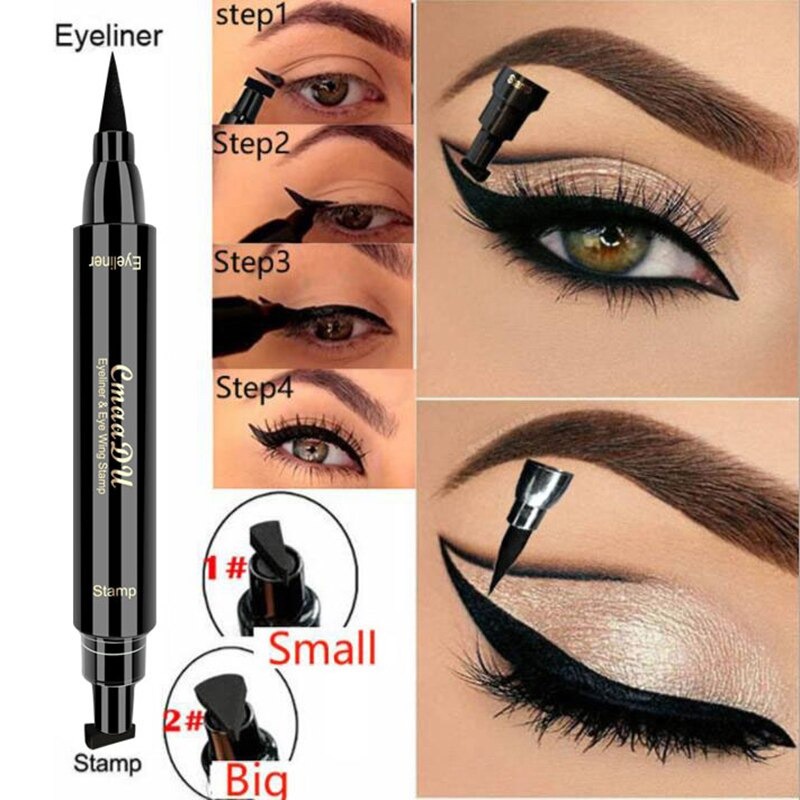 [100% Asli + COD]  Eyeliner Stempel 2 in 1 Cair Pensil Super Tahan Air Hitam Berkepala Dua Perangko Eye Liner Mata Maquiagem Kosmetik Alat Makeup/Cmaadu Mata Liner Cair Membuat Pensil Eye Liner Pensil Cair Hitam Tahan Air Ganda Makeup Stamps Eyeliner