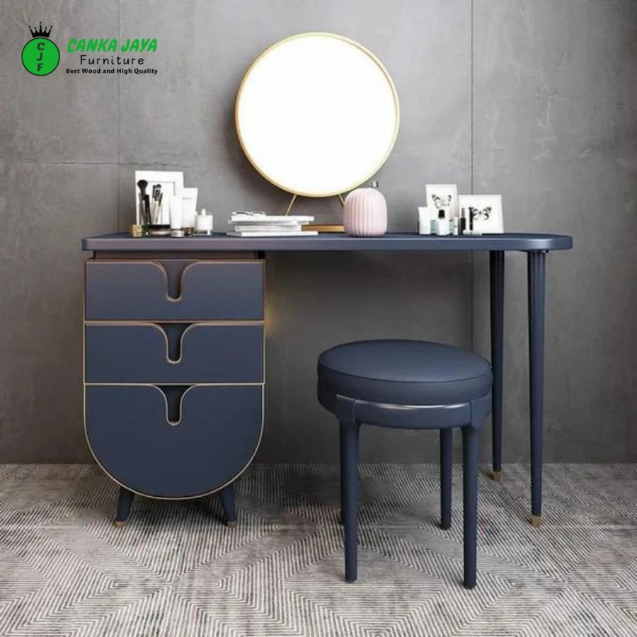 CANKA Vanity Collection - Meja Rias Kaca 3 Laci Besar dan Bangku Kecil Modern | Dressing Table