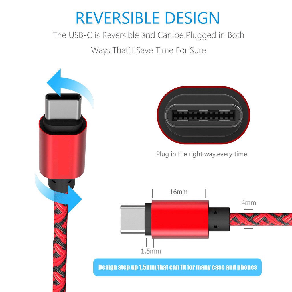 Kabel Charger Data Sync Fast Charging USB C 3.1 Tipe C Braided 1M 2m Bahan Nilon untuk Android