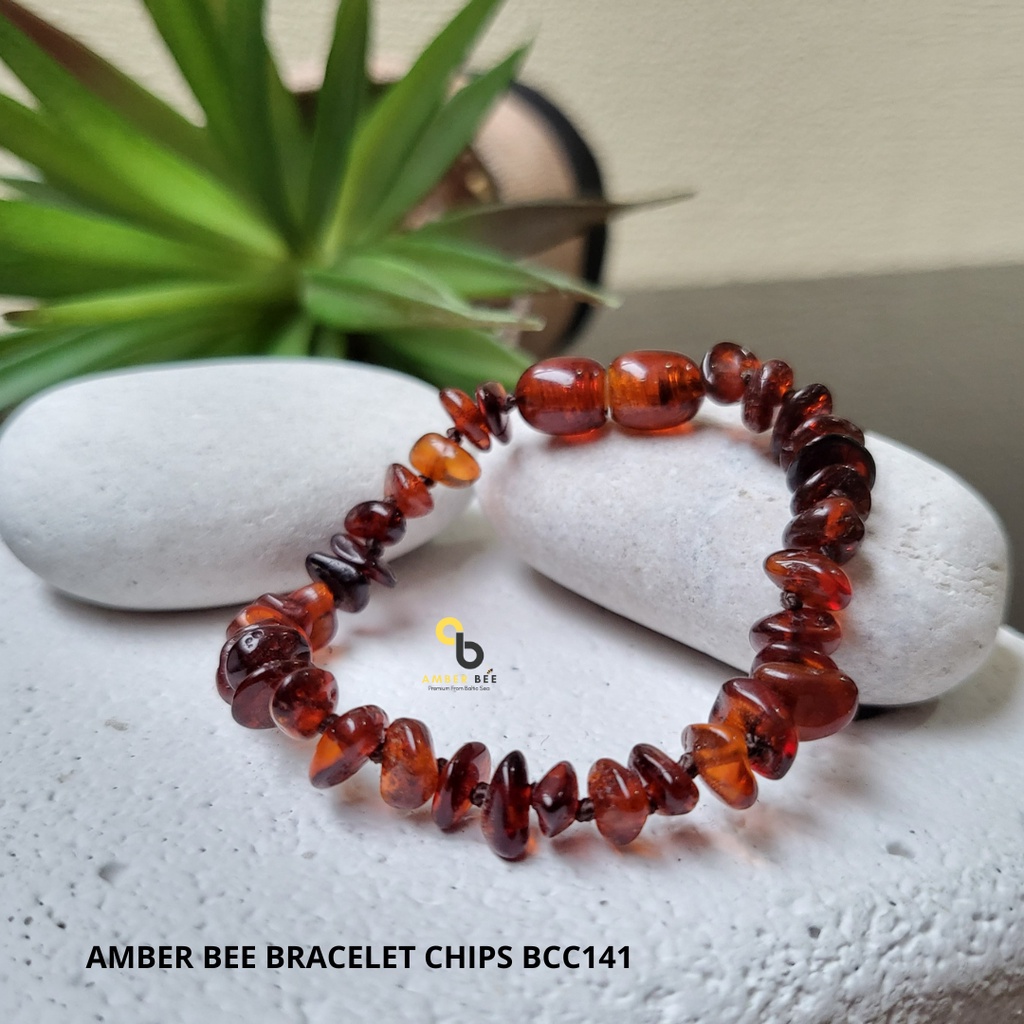 TERMURAH Gelang Amber Anak Balita Premium Glossy Chips Cognac BGCC141 By Amber Bee