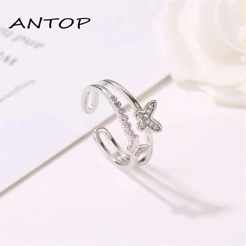 Double Butterfly Diamond Ring Pembukaan Cincin Dapat Disesuaikan Wanita Fashion Perhiasan Aksesoris Hadiah Natal ANTOP