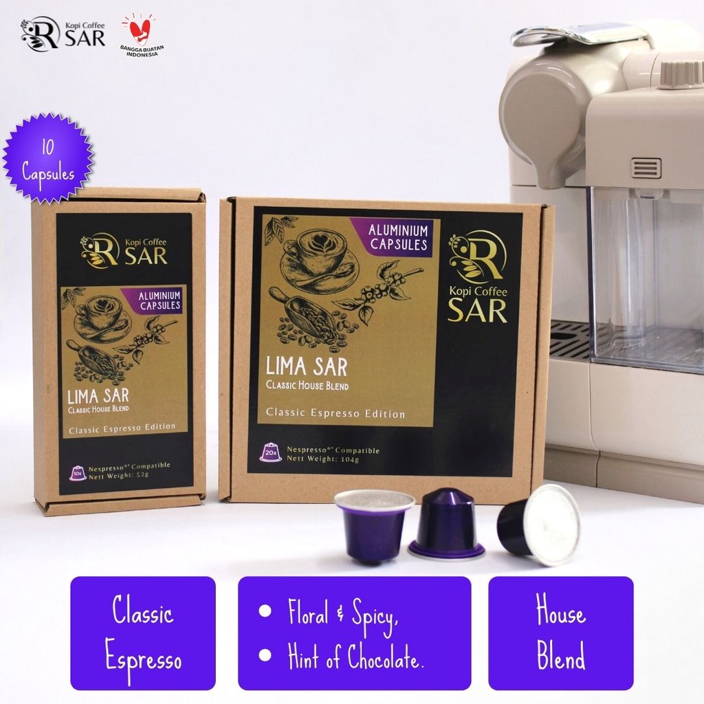 

Lima SAR - Classic House Blend Nespresso Compatible Coffee Capsules Kopi Coffee SAR Kopi Kapsul untuk Mesin Nespresso