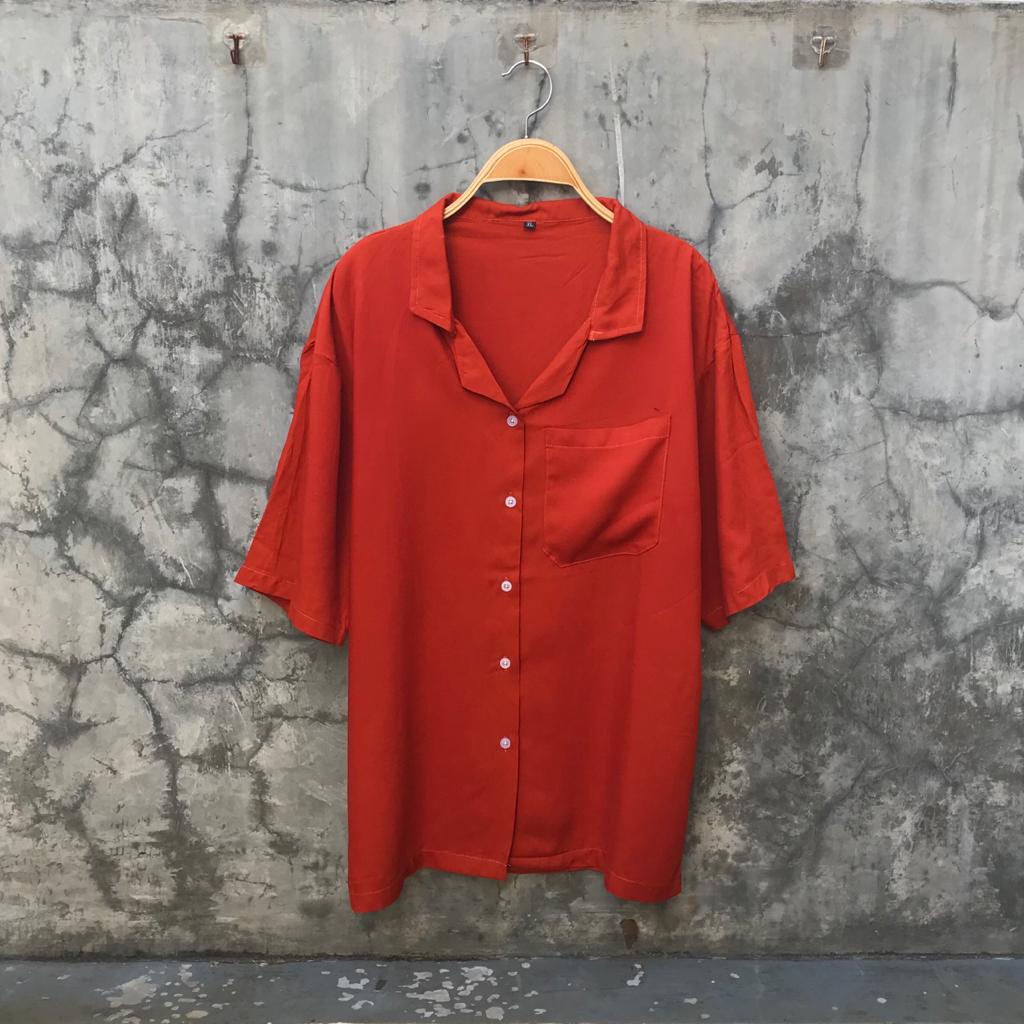 BOWLING - Oversized Shirt Hawai Kemeja Pantai Basic Polos Ukuran Besar Kancing Rayon Unisex-Terracota