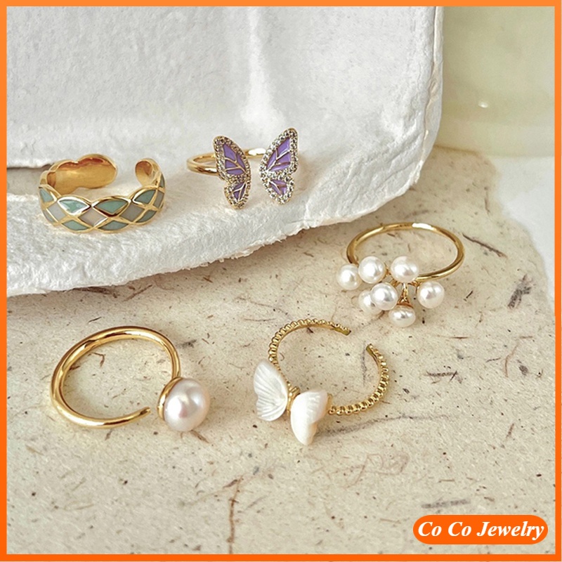 Butterfly Cincin Model Terbuka Desain Kupu-Kupu Aksen Mutiara Untuk Wanita