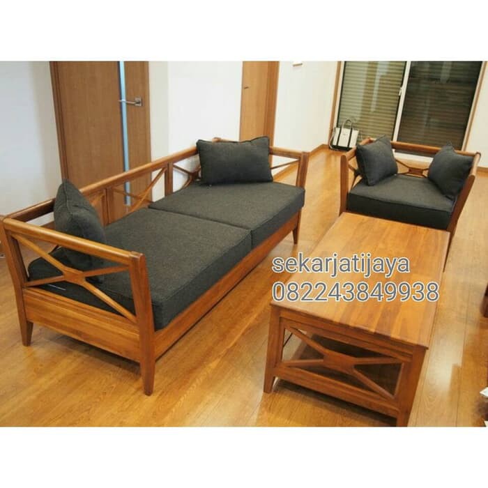 Satu set meja kursi sofa ruang tamu jati jepara motif silang minimalis