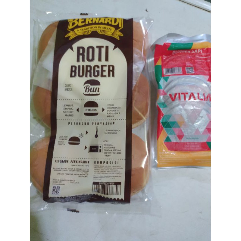 

Bernardi paket roti burger bun besar isi 6pcs + beef burger besar isi 10pcs