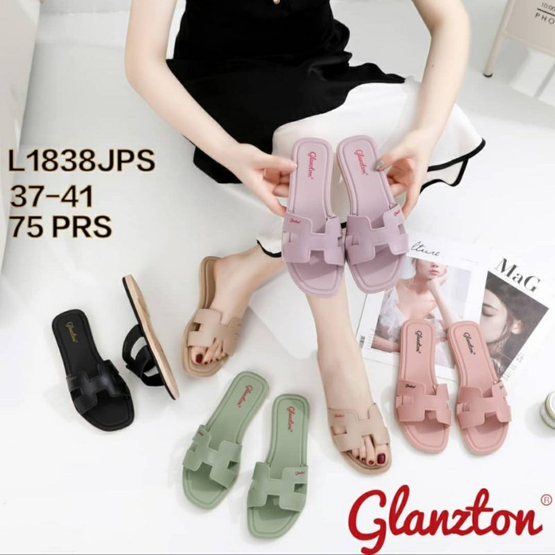 Sandal Glanzton 1838 Wanita Karet Jelly Import Sendal L1838 Glanston Glaston Flat Cewek Perempuan Selop Slop Murah Kekinian Kokop Slip L1838JPS L1838VPS L1838YPS Sun-FIRLY Impor Alice Cantik Casual Kasual Polos Model H Original 37-41