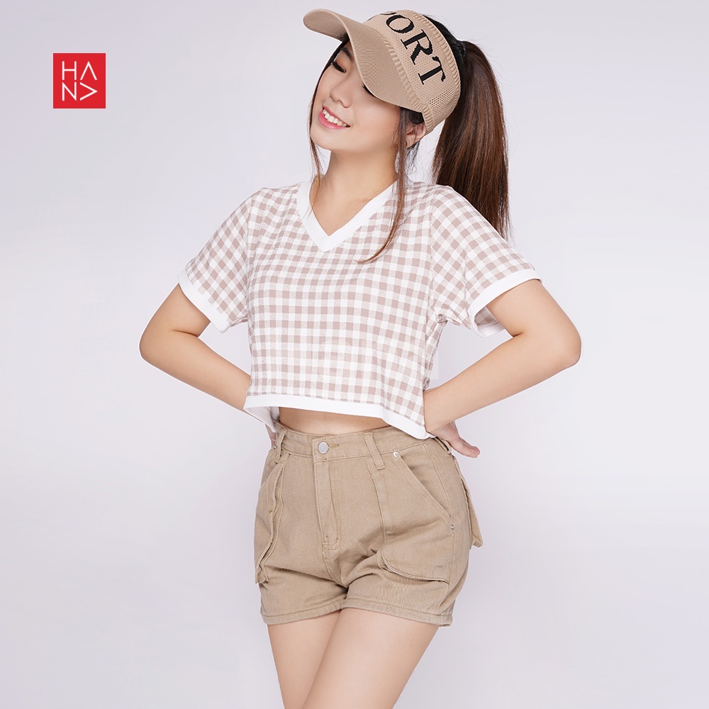 HanaFashionJKT - Jiso V-neck Chekered Cute Korean Crop Top Atasan Wanita - CT286