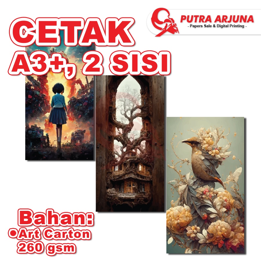

CETAK A3+, ART CARTON 260 gsm, 2 SISI - DUA MUKA