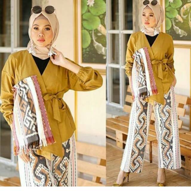 Setelan kulot tenun dan atasan tenun ikat etnic