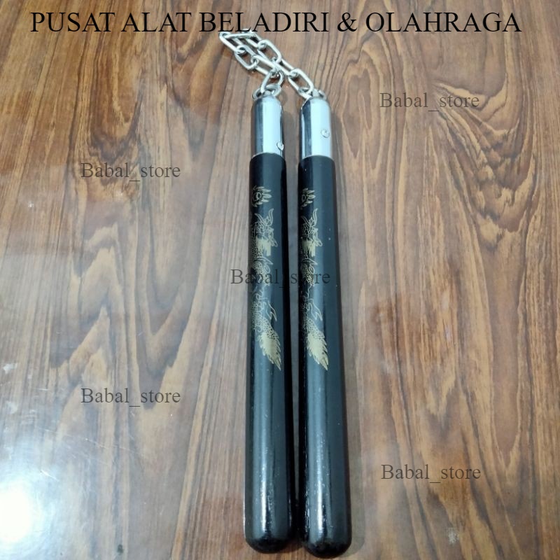 Double stick ruyung nunchaku kayu motif gambar naga bagus