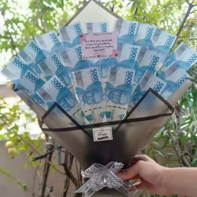 0Buket Bunga Uang Duit Asli Baby Breath Money Hand Bouquet Flower Wedding Anniversary Birthday Bucke