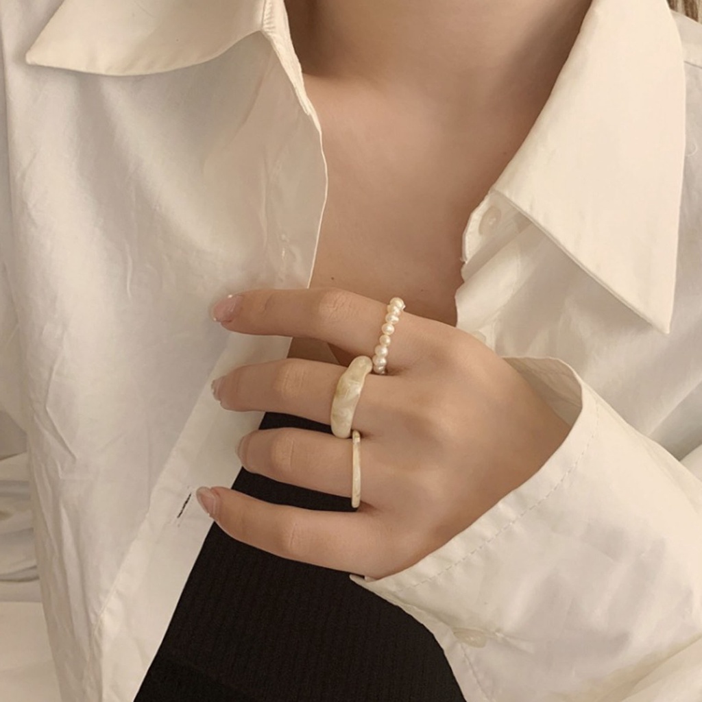 Hu Hu Hu Hu Hu Alat Bantu Pasang Kacamata♡ 3pcs / Set Cincin Jari Transparan Aksen Mutiara Imitasi Gaya Simple Untuk Wanita