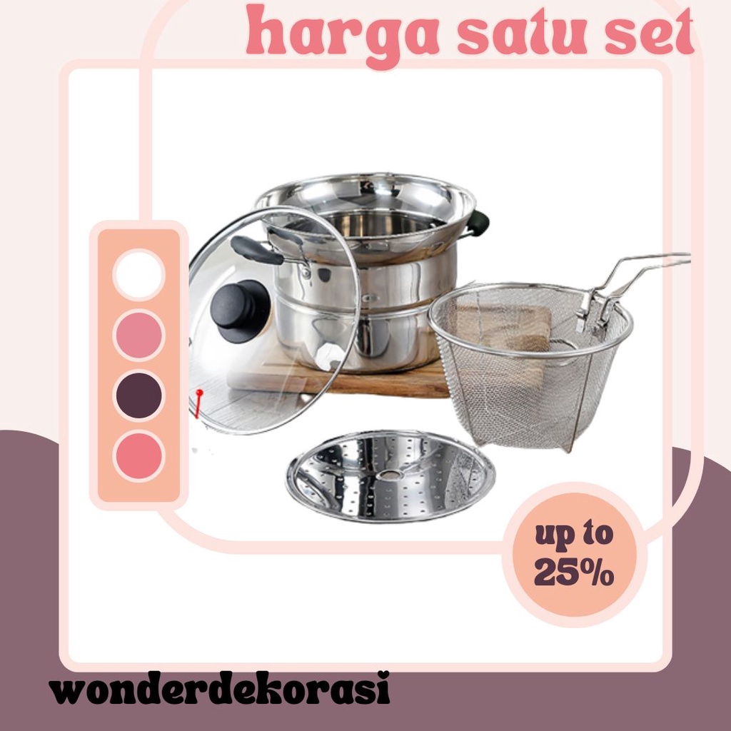 Panci Streamer Deep Fryer Goreng Kukus 3 INT 1 + Saringan + Tutup Kaca + Saringan Serbagu na Termurah -Wonderdekorasi