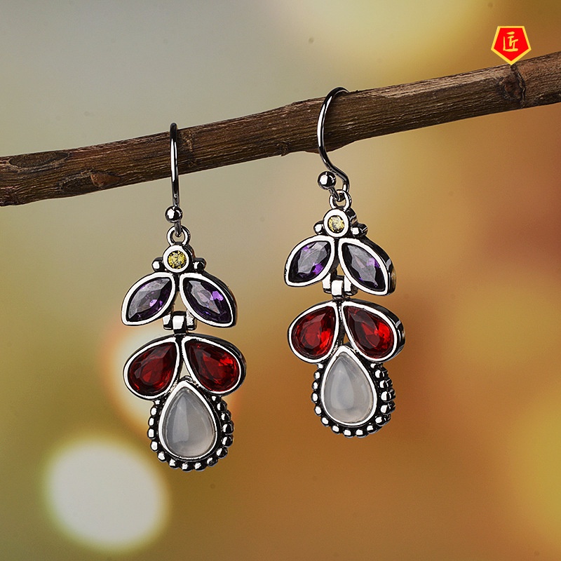 [Ready Stock]New Inlaid Colorful Gem Moonstone Earrings