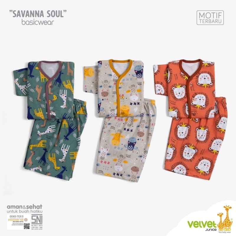 Velvet Junior Stelan Baju Pendek &amp; Celana Pendek Kancing Tengah Savanna Soul Series - Isi 3 Pcs