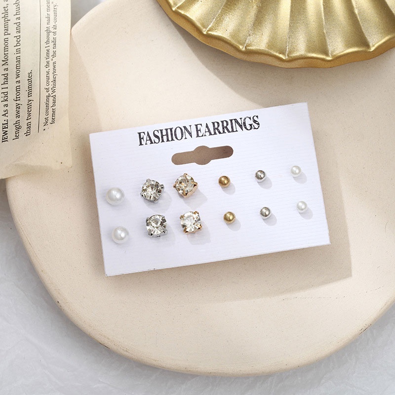 Set Anting Stud Mode Berlian Imitasi Mutiara Bulat Pejantan Aksesoris Earrings