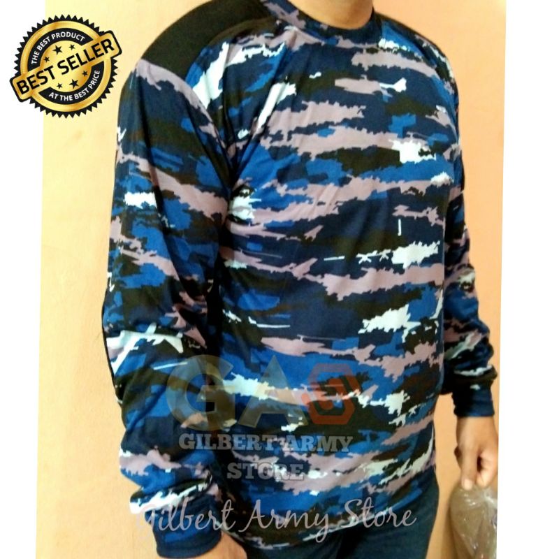 GILBERT ARMY STORE GROSIR Kaos Loreng Tni Au Auri Biru Lengan Panjang Sniper Dekker Busa Bantalan siku Variasi Tshirt Distro Militer Murah Asli Original